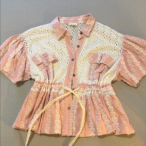 POL Pink & Cream Lace Button-Up Top